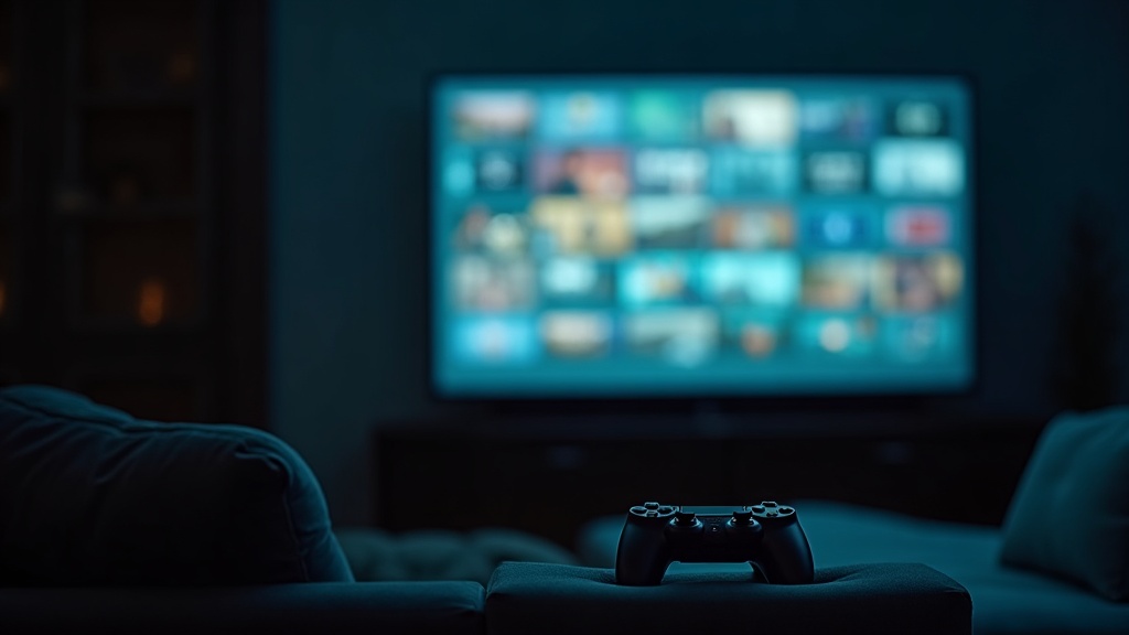 A television displaying a generic game library grid, illustrating how a game subscription service presents a rotating catalog