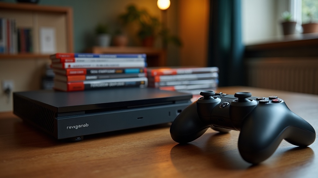 A console and a stack of physical game cases on a shelf, representing the choice between owning games and using a game subscription service