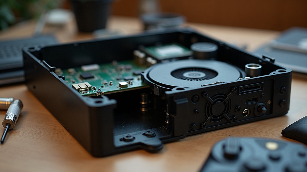 Interior view of a console's cooling fan and circuit board next to its retail packaging on a workbench