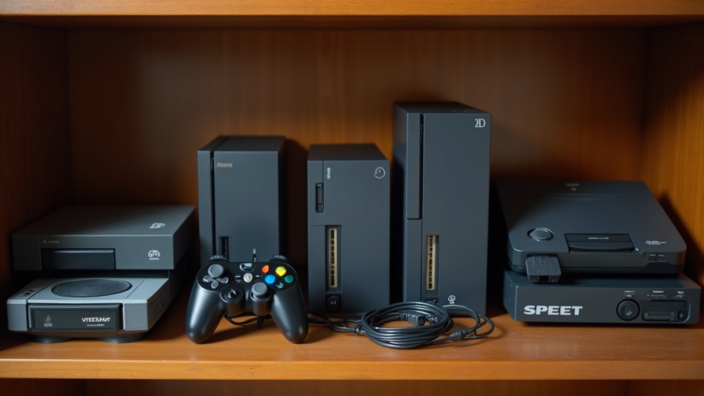 Several console generations displayed together on a shelf showing how hardware design changes over time