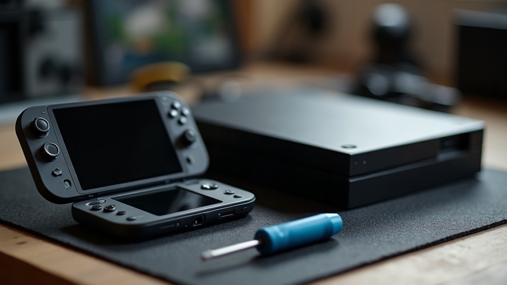 Side-by-side comparison of a handheld console and a home console body on a workbench