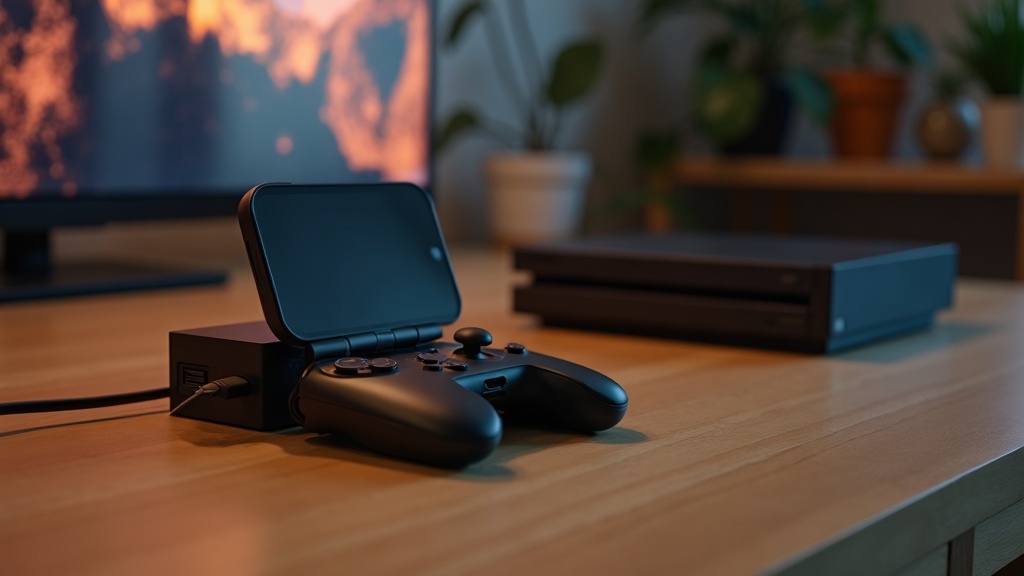 A handheld gaming device beside its dock and a home console on a shelf, illustrating the difference between handheld and home console