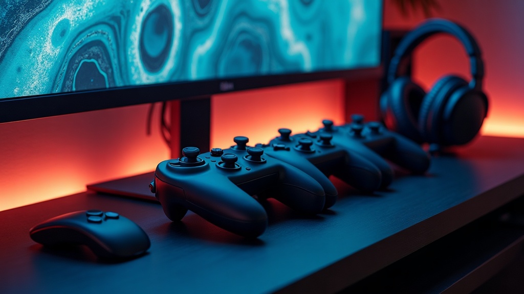 Gaming controllers and a headset on a desk beside a monitor displaying a simple circular map outline typical of battle royale games