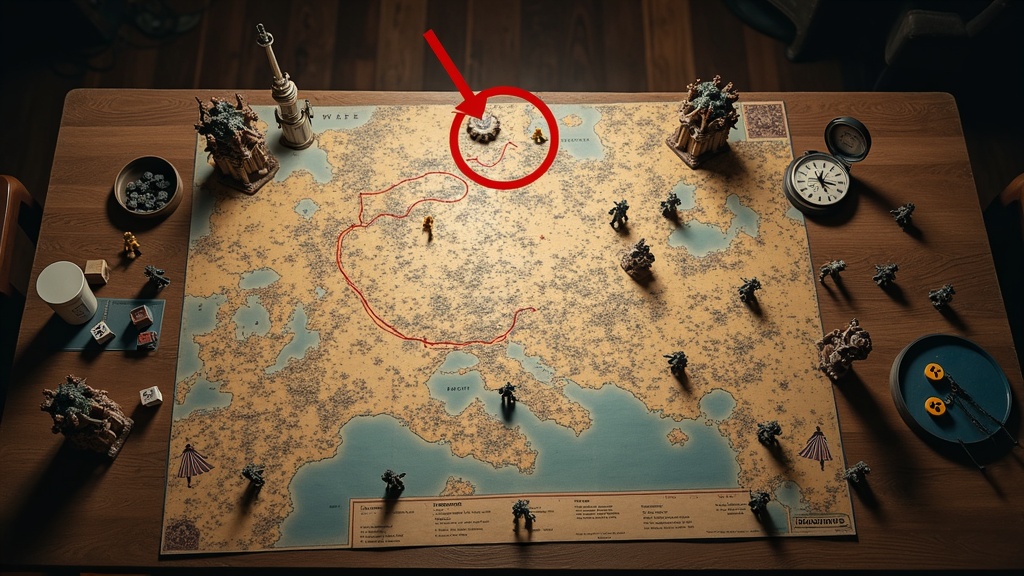 A tabletop map with a shrinking red circle marked on it, evoking the shrinking play zone at the center of battle royale games