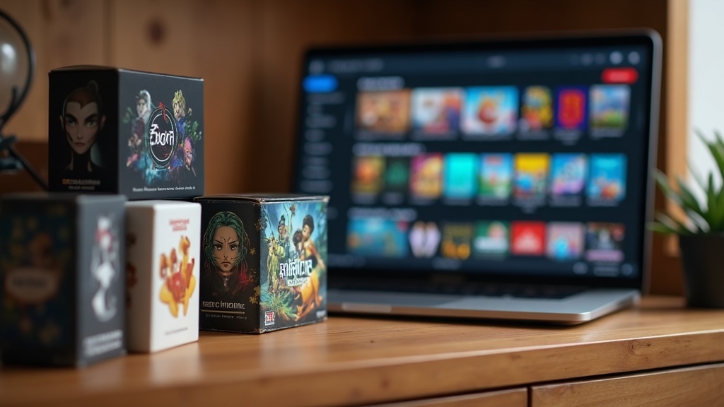 Physical indie game boxes on a shelf next to a laptop showing a digital game library, illustrating the rise of indie games