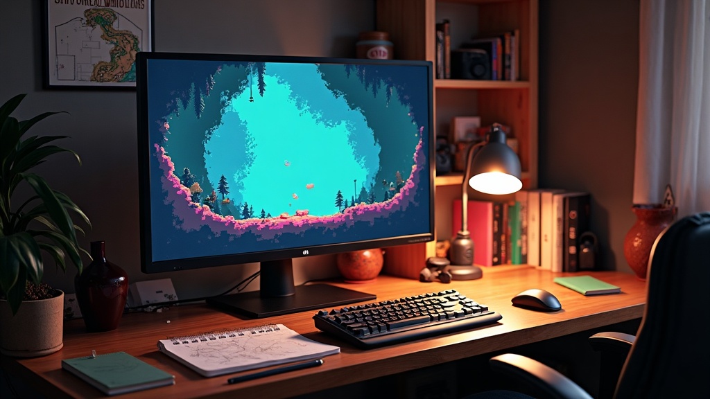 A home developer desk with a monitor showing pixel-art indie game level design, representing how indie games grew into the industry