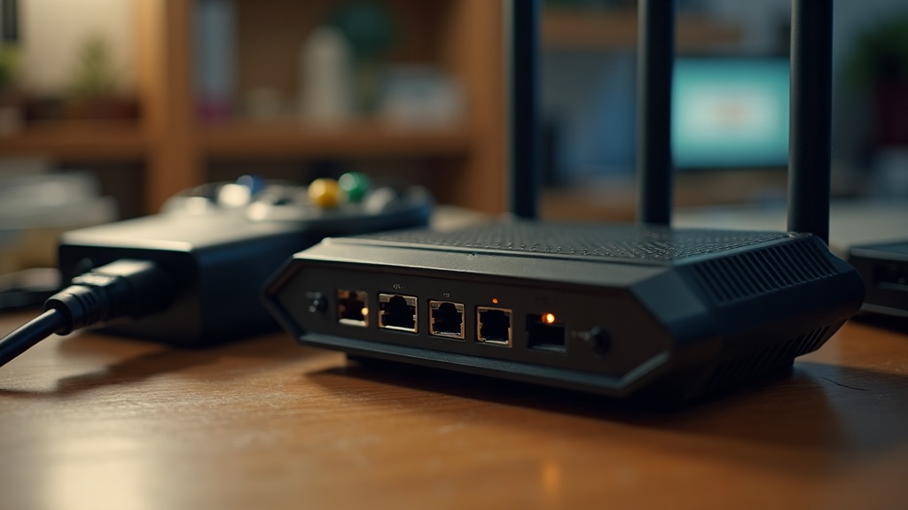 Broadband router and console network port representing the shift to online multiplayer as standard