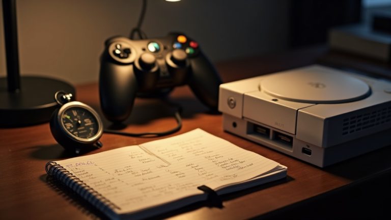 A home gaming setup with a console, controller, notebook of route notes and a stopwatch, representing how speedrunning became a community hobby