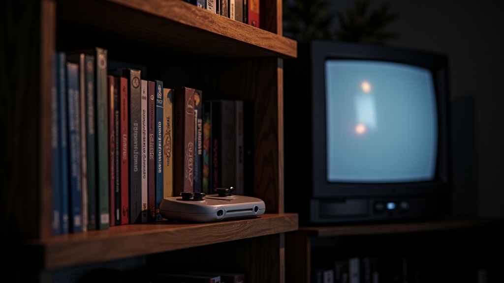 A shelf of retro game cartridges and a CRT television in a dim room, evoking the archival and comparative culture behind speedrunning communities
