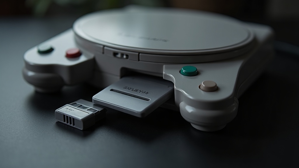 Close-up of a console memory card and a battery-backed game cartridge showing how save game storage changed across generations