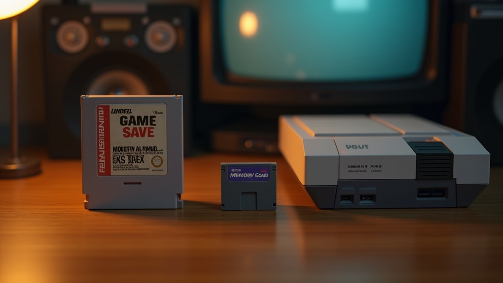 A lineup of save-game hardware including a battery-backed cartridge and a console memory card, illustrating how the save game evolved over time