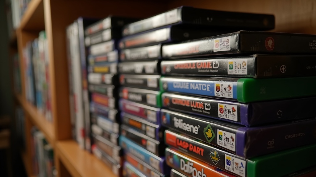 Physical video game boxes on a shelf showing age rating icons printed in the corner of each case