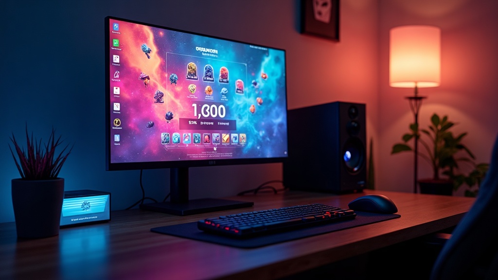 A gaming monitor displaying a generic in-game item shop screen, illustrating how free-to-play games make money