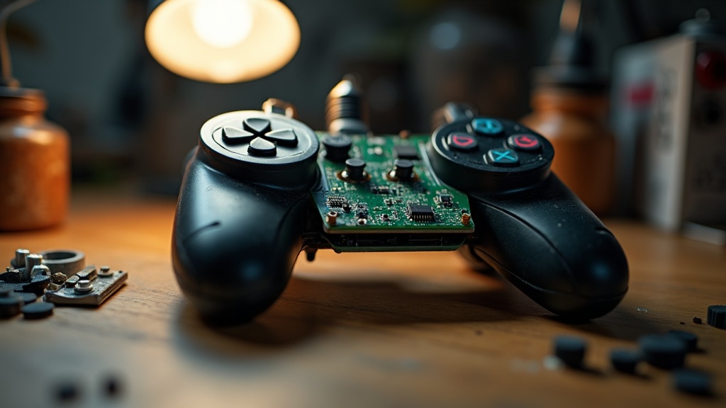 A game controller taken apart on a workbench, showing the circuit board and rubber pads that track inputs underneath the buttons