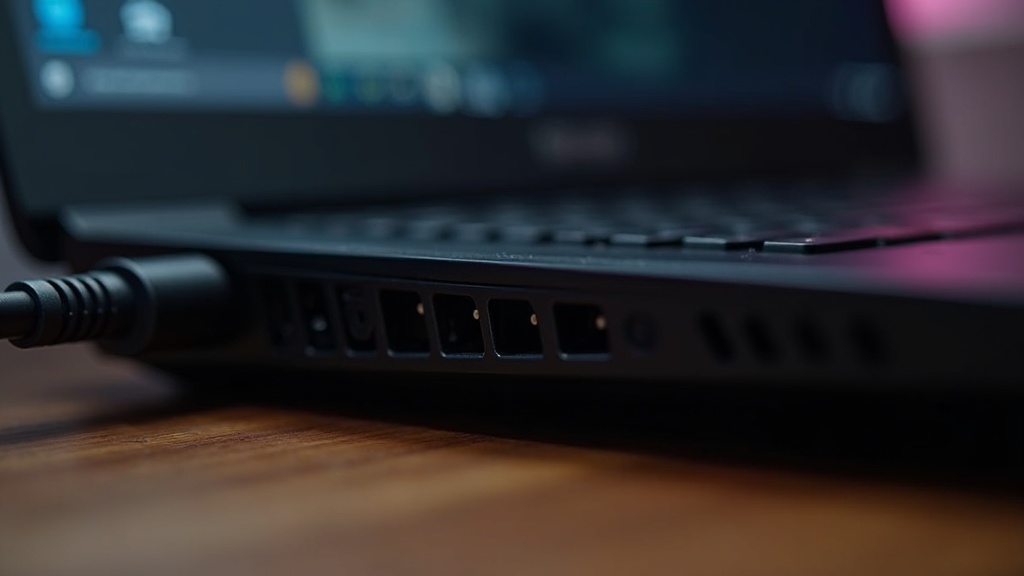 Close-up of a gaming laptop's cooling vents and power adapter used to judge build quality before buying