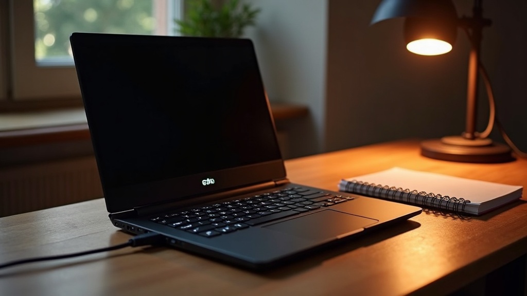 A gaming laptop on a desk being evaluated before purchase, with a notebook of specs beside it