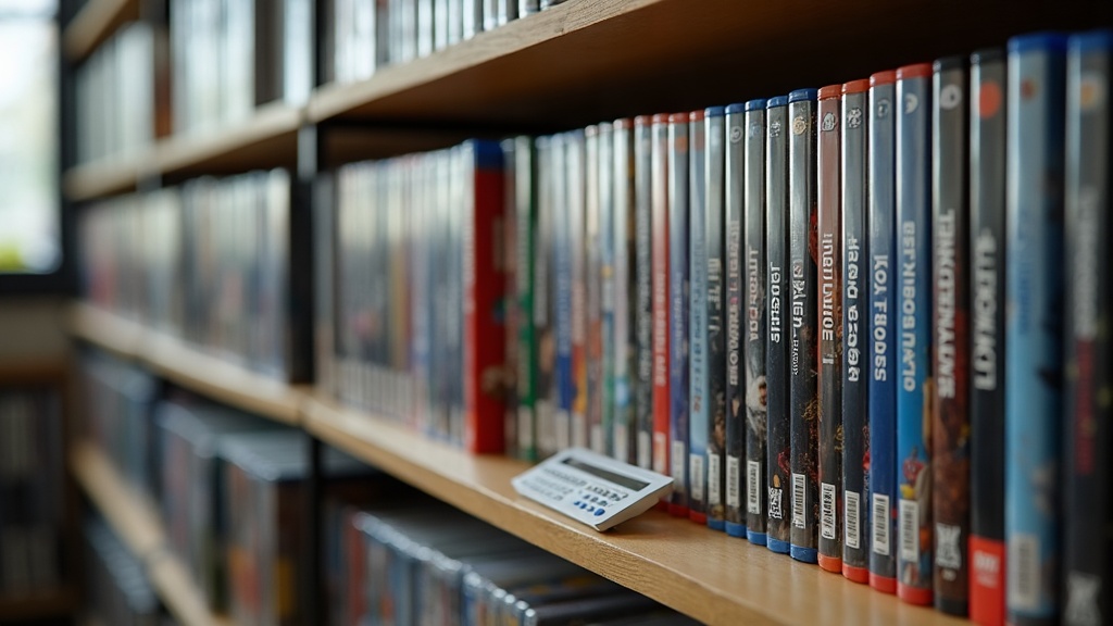 Shelf of video game cases with a calculator, illustrating weighing cost against value before buying at full price