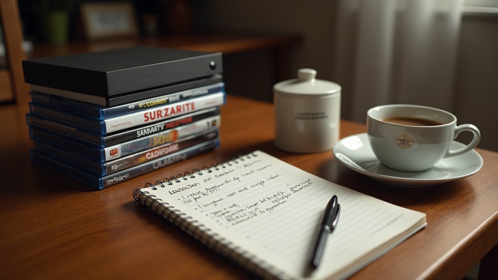 Stack of video game cases on a desk next to notes, representing how to decide if a game is worth full price