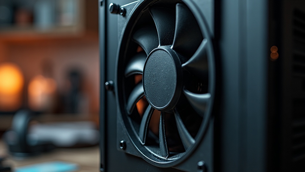 Dust filter removed from a gaming PC intake fan showing accumulated dust buildup