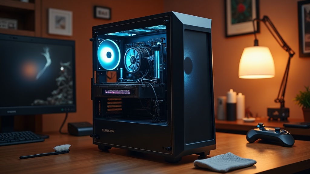 Open gaming PC case on a desk with cleaning tools nearby, illustrating how to keep a gaming PC from getting dusty and loud