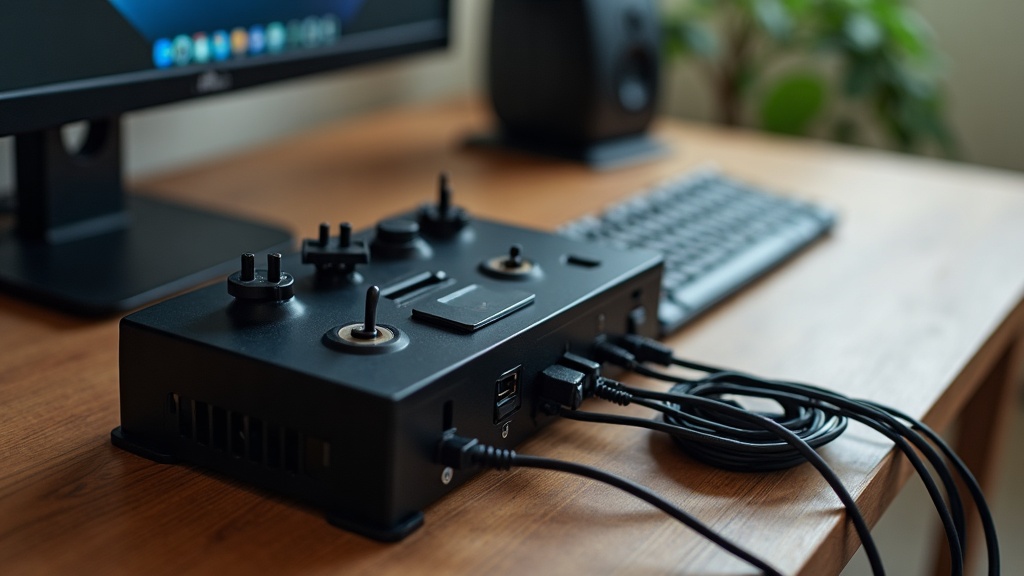 Cable management tray under a gaming desk keeping power and monitor cables bundled and out of sight