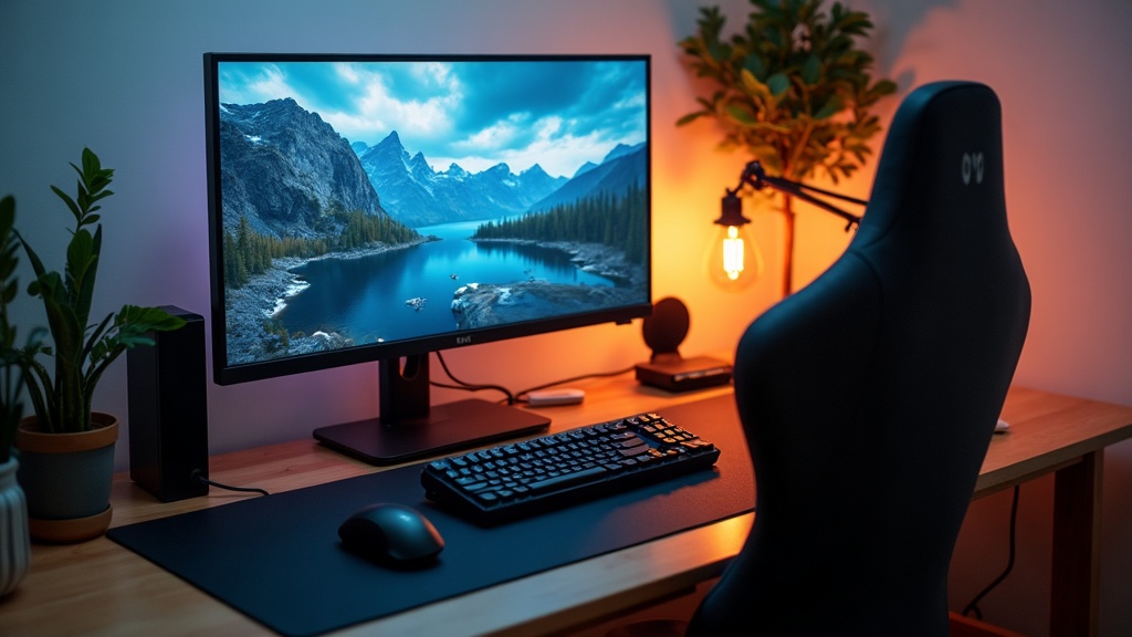 A comfortable gaming desk setup with monitor raised to eye level, ergonomic chair, and neatly managed cables