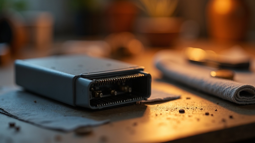 Close-up of a game cartridge's connector pins next to a soft brush used for cleaning old game cartridges