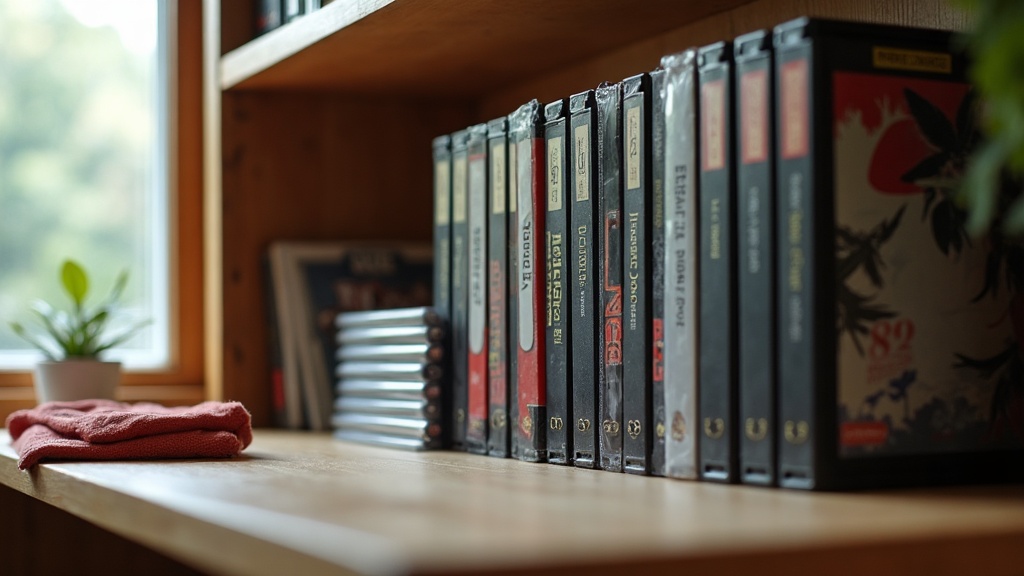 Rows of retro game cartridges and disc cases stored upright on a shelf with a cleaning cloth nearby