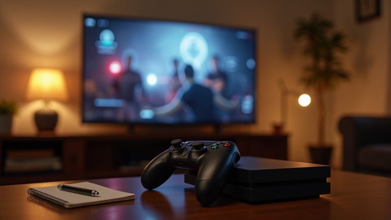 A living room setup with a controller and console near a television, representing a family talking about online multiplayer safety