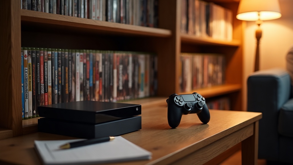 Video game cases on a shelf being checked for appropriateness for a younger player