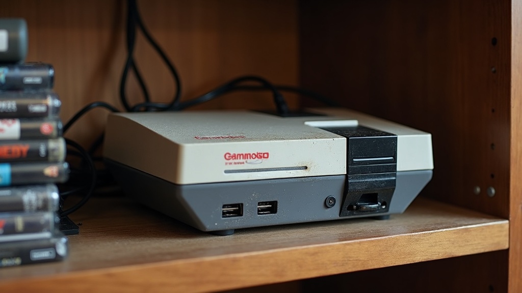 An older game console on a shelf showing dust buildup near its vents, illustrating how long a game console lasts before failing