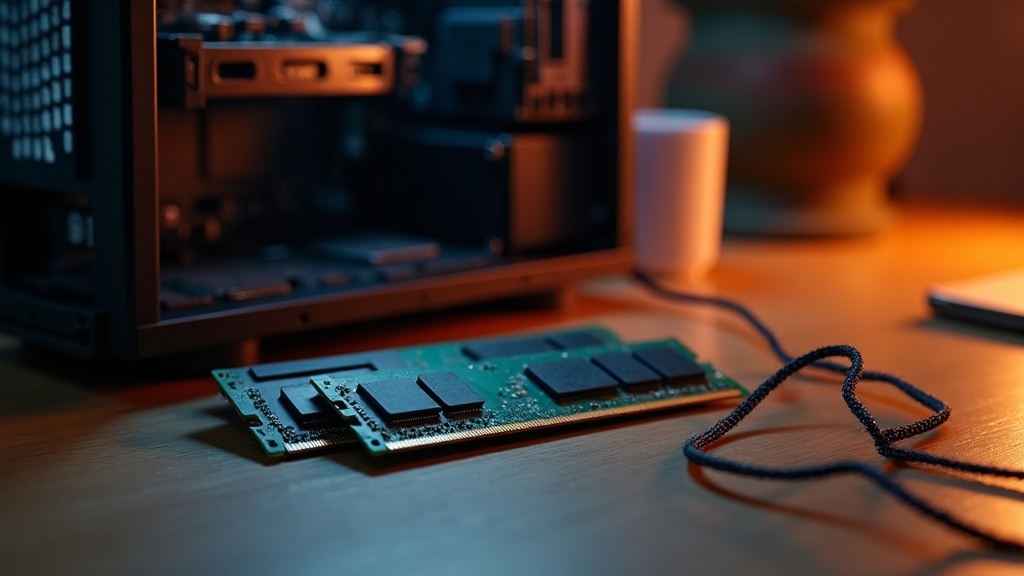 Two RAM memory sticks resting beside an open gaming PC case, illustrating how much RAM a gaming PC actually needs