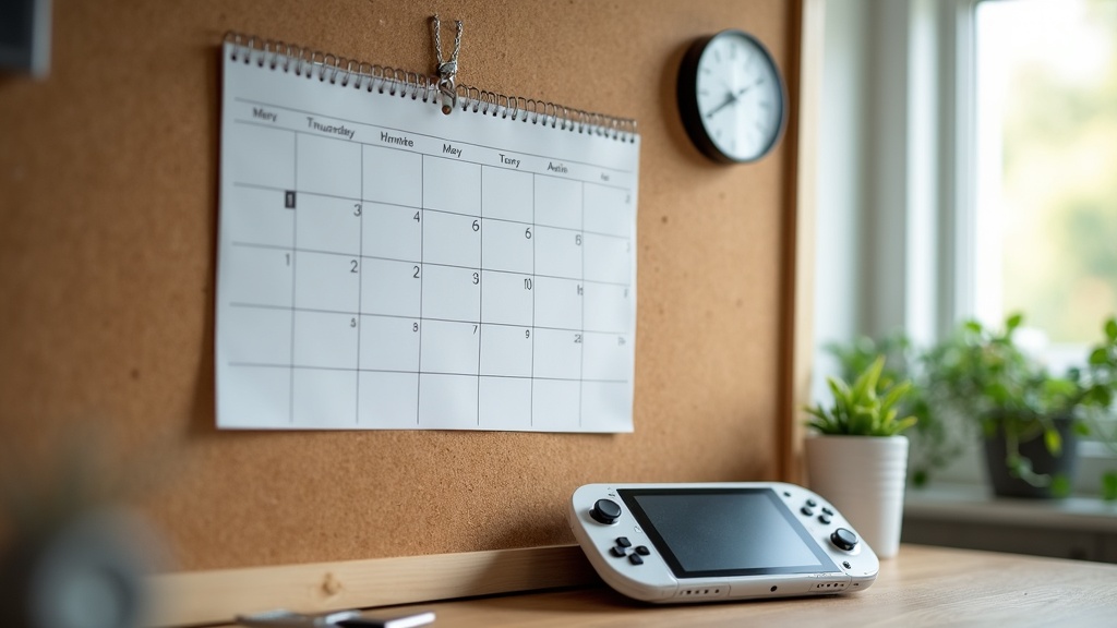A handheld gaming console on a desk beneath a wall clock and calendar, illustrating how families track reasonable screen time for games