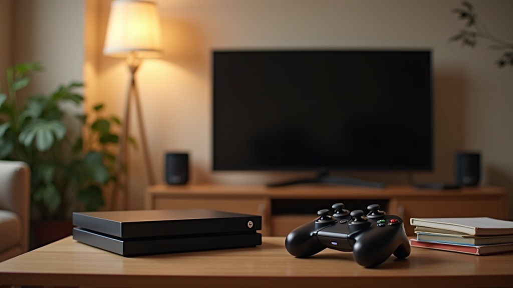 A living room console setup with controllers and a kitchen timer on the table, representing reasonable screen time limits for gaming