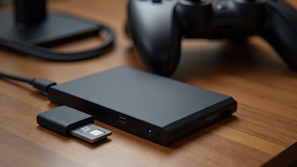 External SSD and expansion storage card next to a console controller, showing common ways to add console storage