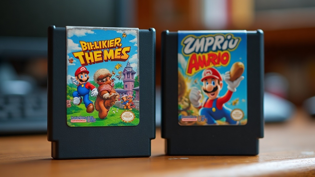 Two retro game cartridges side by side showing a difference in label print quality that can indicate a counterfeit