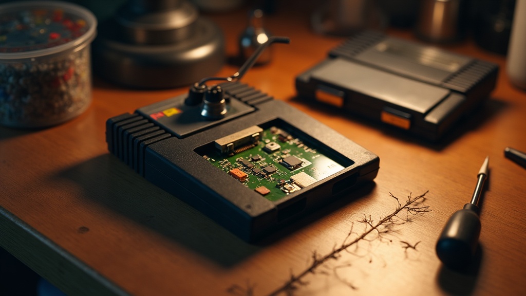 An opened retro game cartridge showing its circuit board next to a screwdriver, used to check for a fake or counterfeit cartridge
