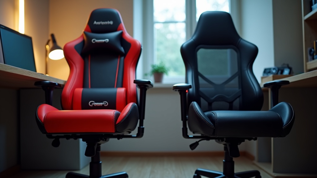 A racing-style gaming chair next to a mesh ergonomic office chair, showing the visual and structural differences between the two