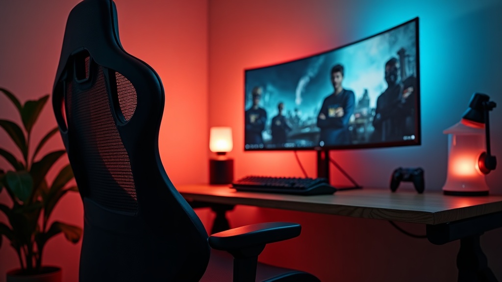 Ergonomic mesh office chair positioned at a gaming desk setup, illustrating the gaming chair versus office chair comparison