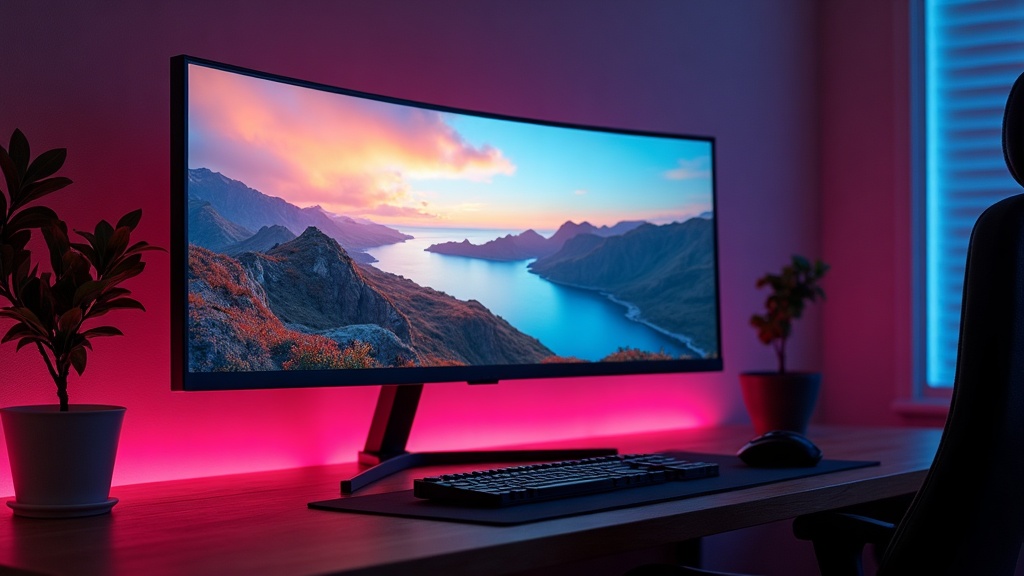 A curved ultrawide monitor on a gaming desk with a keyboard and mouse in front of it