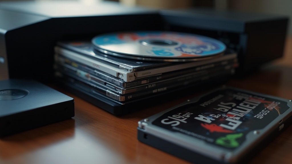 External storage drive and physical game discs shown together to represent digital vs physical game storage tradeoffs