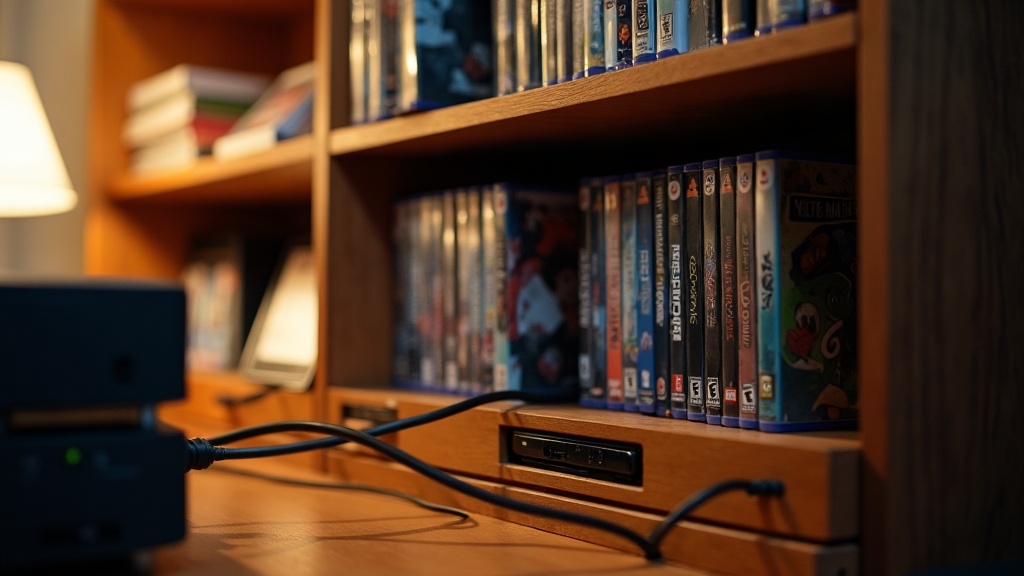 A shelf of physical game cases and cartridges next to a console, illustrating the digital vs physical games decision