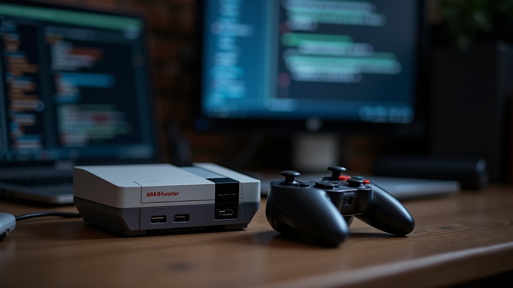 A workbench with an old game cartridge, a modern controller, and a CRT television illustrating the difference between a port, an emulation and a remaster