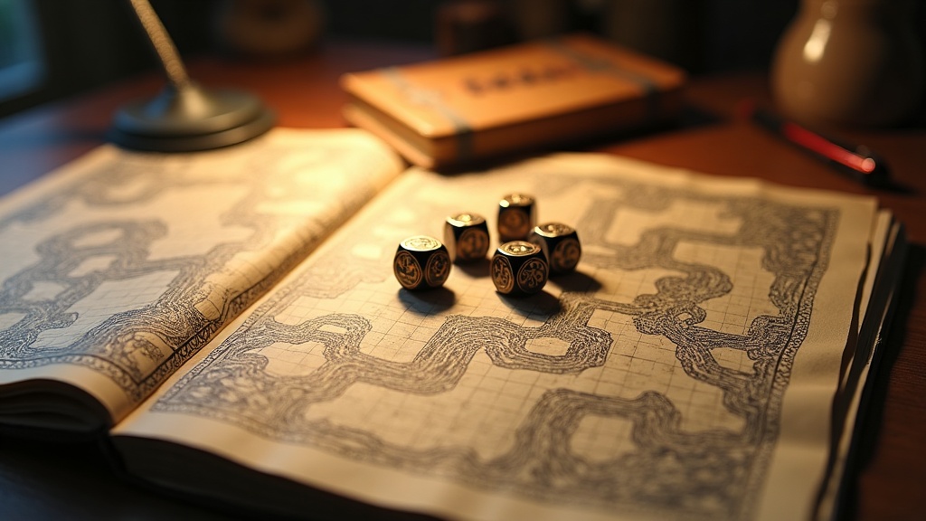 Hand-drawn dungeon maps and dice representing the procedural, run-based structure that defines a roguelike