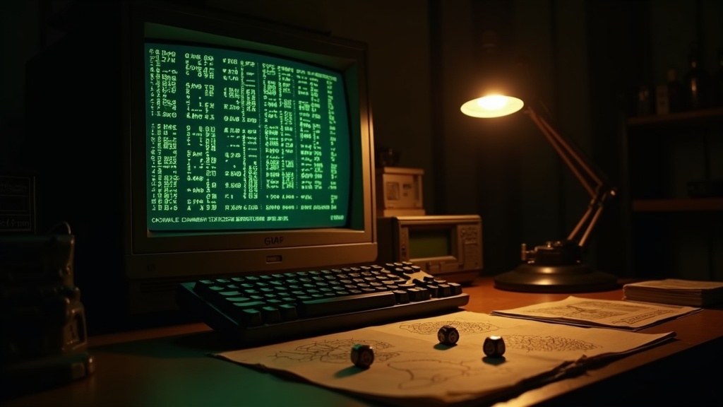 A CRT monitor showing ASCII-style dungeon characters, illustrating the text-based roots of the roguelike genre