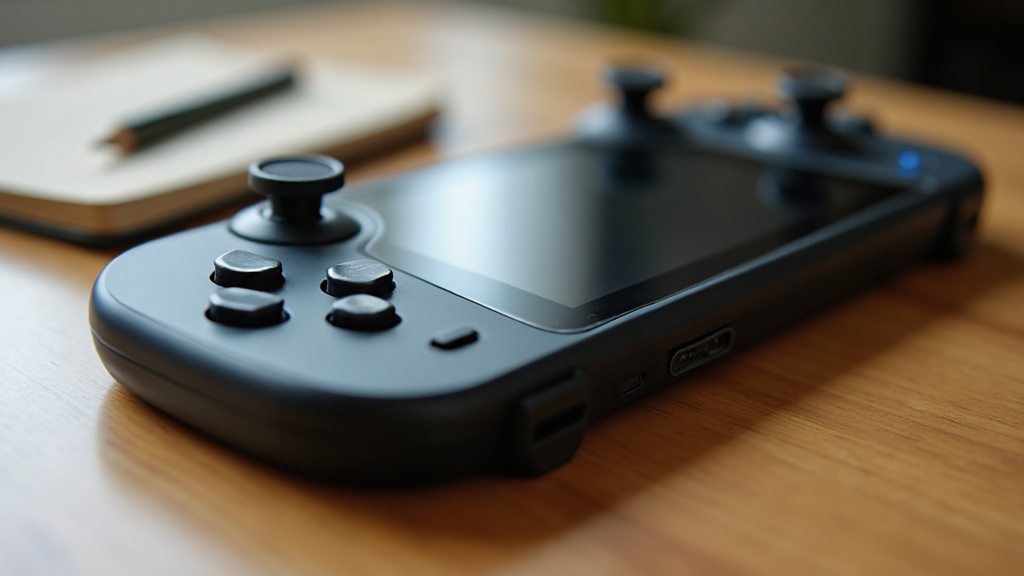 A handheld console next to a traditional controller, illustrating the choice between handheld and home console for a young player's first game