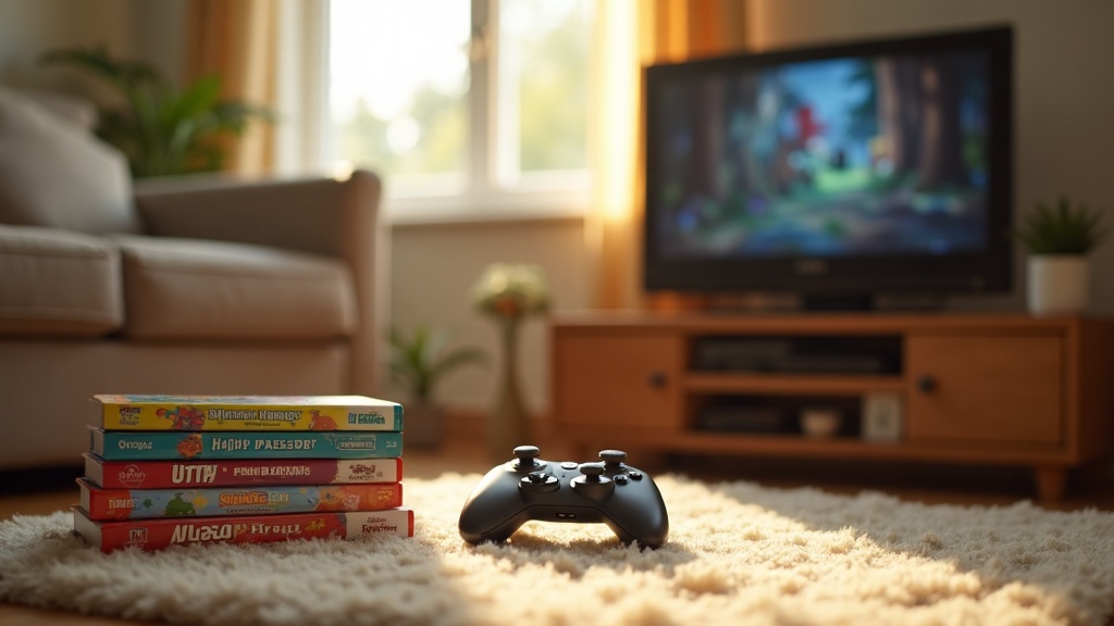 A living room console setup with a simple controller and stacked game cases, arranged for choosing a good first game for a young player