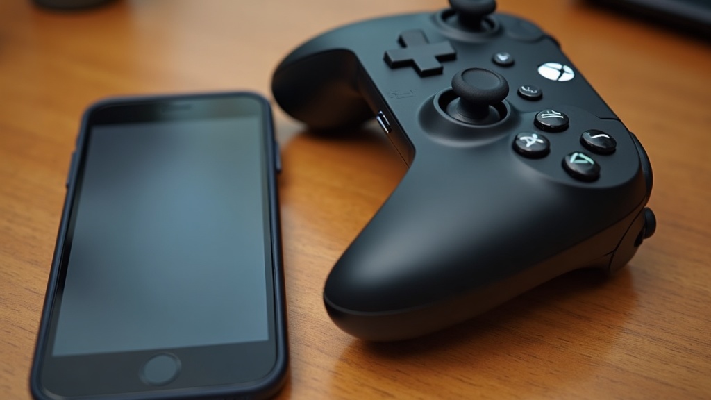 A game controller next to a smartphone running a companion app, representing how parental controls apps connect to consoles