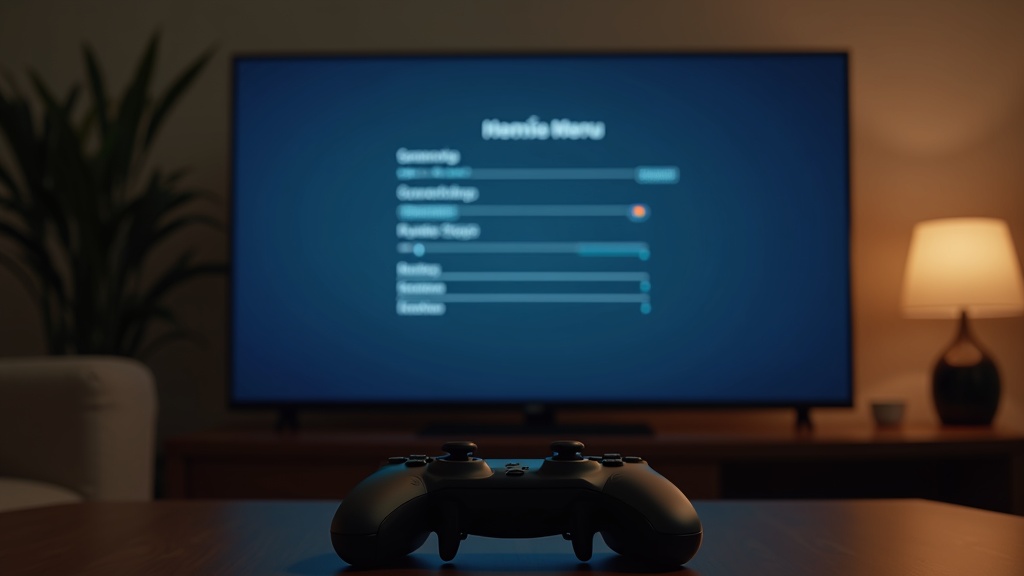 A television showing a console settings menu with a controller on the table, representing parental controls on a game console