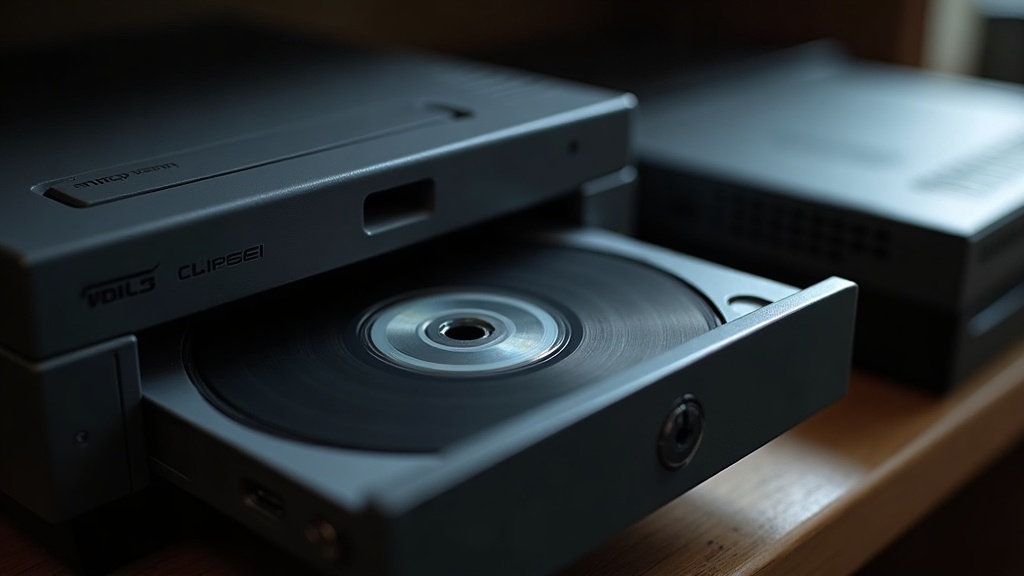 Console disc tray next to an older cartridge slot, showing the physical difference between disc and cartridge media